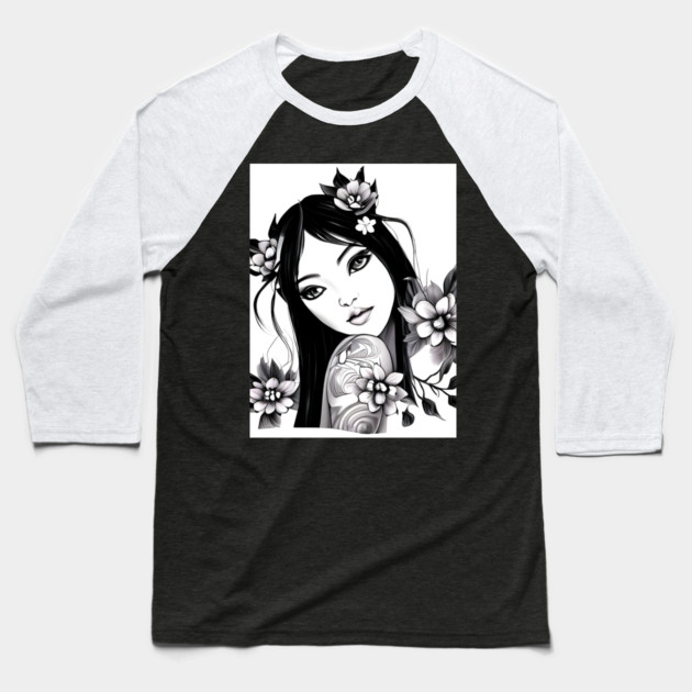 girl tatoo art flowers Baseball T-Shirt by animegirlnft