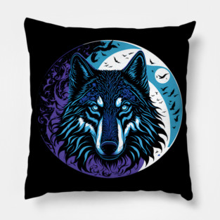 The Wolf in the Full Moon Accompanied by a Murder of Crows Pillow