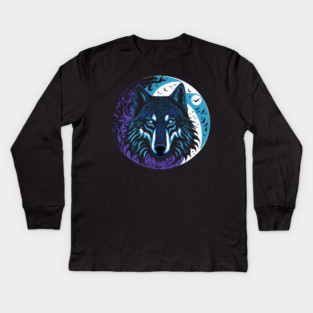 The Wolf in the Full Moon Accompanied by a Murder of Crows Kids Long Sleeve T-Shirt