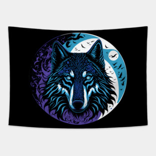 The Wolf in the Full Moon Accompanied by a Murder of Crows Tapestry