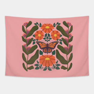 Monarch Butterfly in Milkweed Forest // Midwestern Wildflowers // Mexican Sunflowers Tapestry