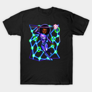 Black anime superhero girl from outer space with lights 2 ! beautiful  black girl with Afro hair, brown eyes, Cherry pink lips and dark brown skin. Hair love ! T-Shirt