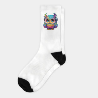 Rainbow Owl Wearing Headphones Socks
