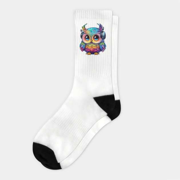 Rainbow Owl Wearing Headphones Socks by Luxinda