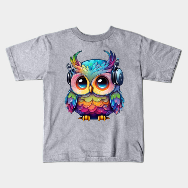 Rainbow Owl Wearing Headphones Kids T-Shirt by Luxinda