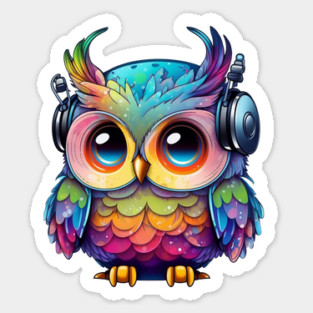 Rainbow Owl Wearing Headphones Sticker