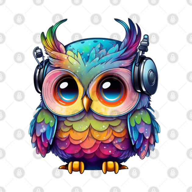 Rainbow Owl Wearing Headphones by Luxinda