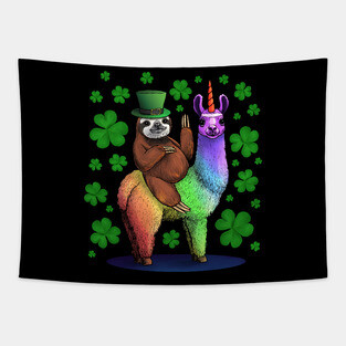 Leprechaun Sloth Riding Llama Unicorn St Patricks Day Tapestry