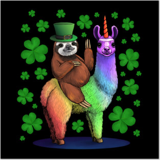Leprechaun Sloth Riding Llama Unicorn St Patricks Day Posters and Art