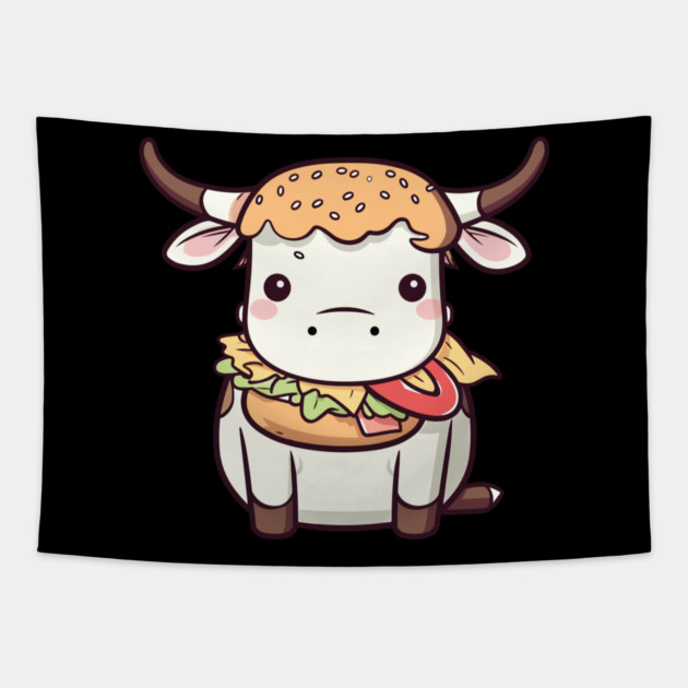 Cute Kawaii Style Cow Dressed as a Hamburger Tapestry by belownormal