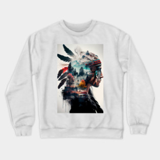 Native American Double Exposure Watercolor Painting Crewneck Sweatshirt