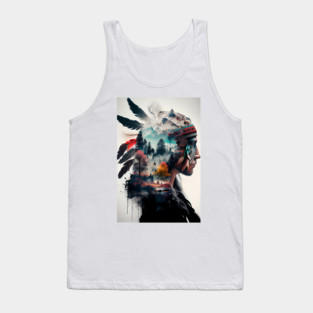 Native American Double Exposure Watercolor Painting Tank Top