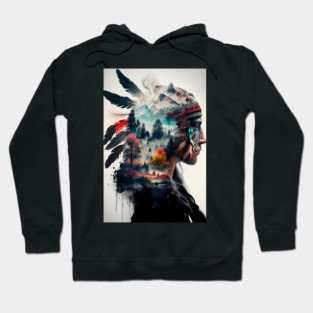 Native American Double Exposure Watercolor Painting Hoodie