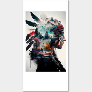 Native American Double Exposure Watercolor Painting Posters and Art