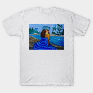 HULA GIRL ON THE BEACH IN BLUE T-Shirt