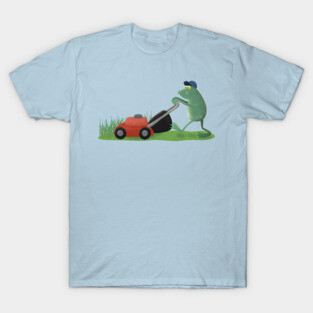 Funny green frog mowing lawn cartoon T-Shirt