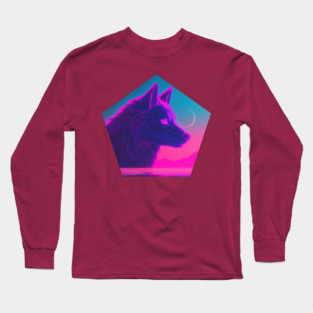 Retro Low Poly Vaporwave Wolf's Head Long Sleeve T-Shirt