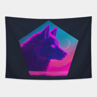 Retro Low Poly Vaporwave Wolf's Head Tapestry