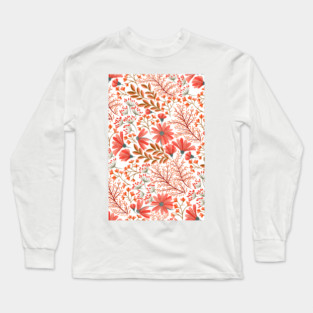 Beautiful Nature Red Pink Flowers Watercolor Seamless Abstract Floral Long Sleeve T-Shirt