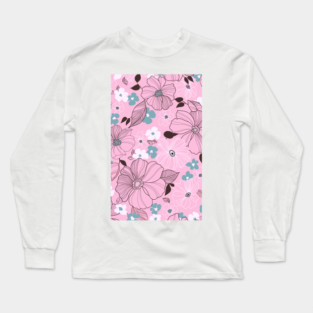 Beautiful drawing flowers leaves Purple Pink Watercolor Seamless Abstract pattern Floral Long Sleeve T-Shirt