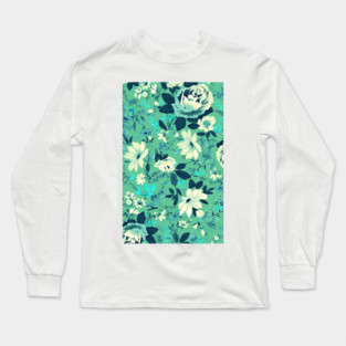 Vintage Beautiful Flower Blue Aqua Watercolor Abstract Pattern Turquoise Floral Long Sleeve T-Shirt