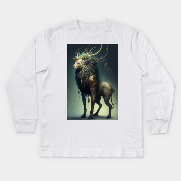 The Divine Chimera: A Fusion of Lion and Deer in One Mythical Being Kids Long Sleeve T-Shirt by Darksavage