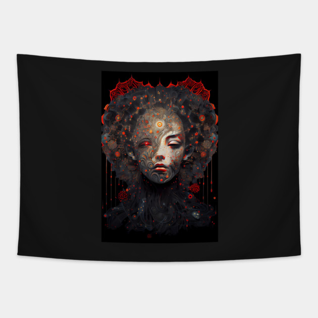 Heartless Vengeance: A Deadly Ninja Geisha with Ofuda and Melting Hearts Tapestry by Darksavage