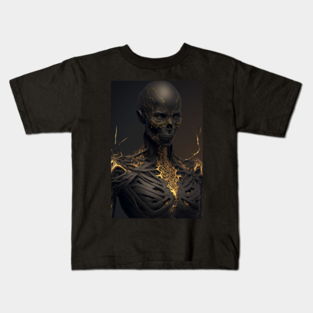 The Dark Elegance of Golden Fissures: A Demon Skull Bedecked in Splendor Kids T-Shirt by Darksavage