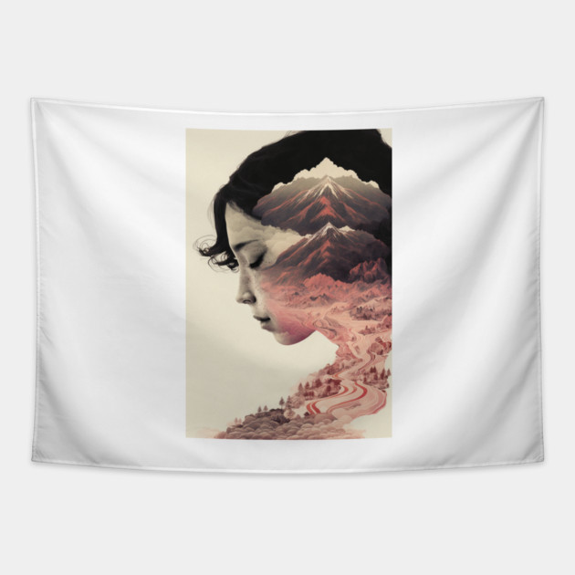 Twilight in the Land of the Rising Sun: A Lovely Ukiyo-e Double Exposure Art Tapestry by Darksavage