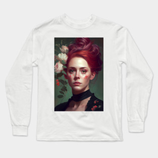 Rebellion in Red: A Portrait of a Victorian 80s Punk Woman Long Sleeve T-Shirt