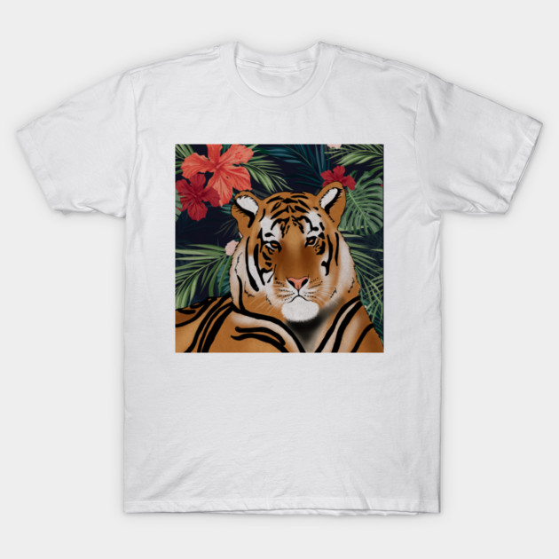 Tropcial Art with Beautiful Tiger Floral T-Shirt by logiamerch