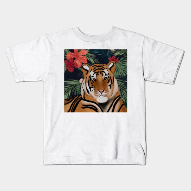 Tropcial Art with Beautiful Tiger Floral Kids T-Shirt by logiamerch