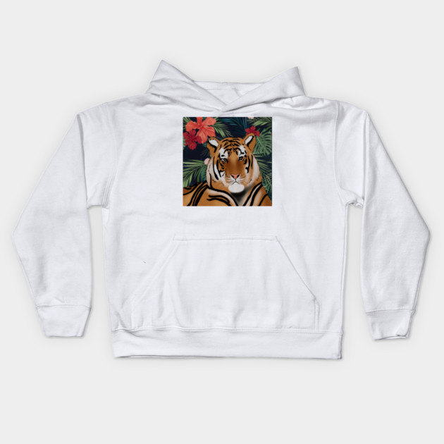 Tropcial Art with Beautiful Tiger Floral Kids Hoodie by logiamerch