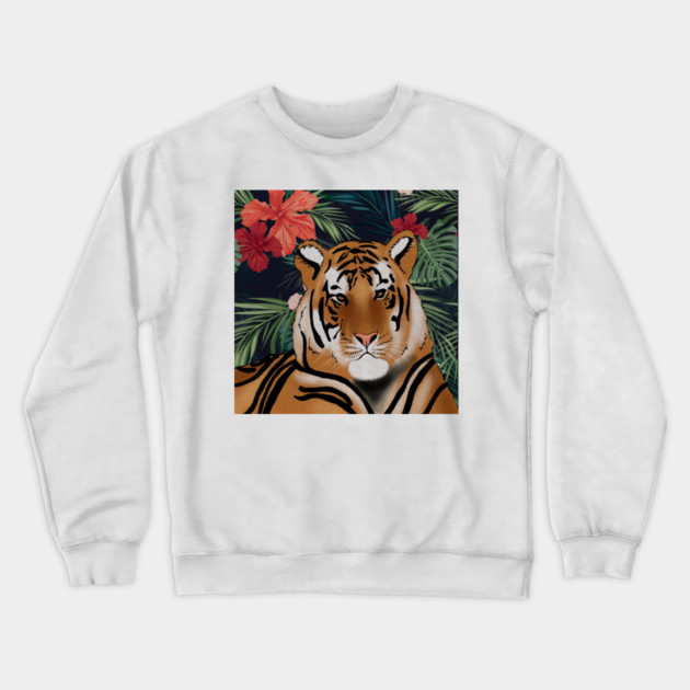 Tropcial Art with Beautiful Tiger Floral Crewneck Sweatshirt by logiamerch