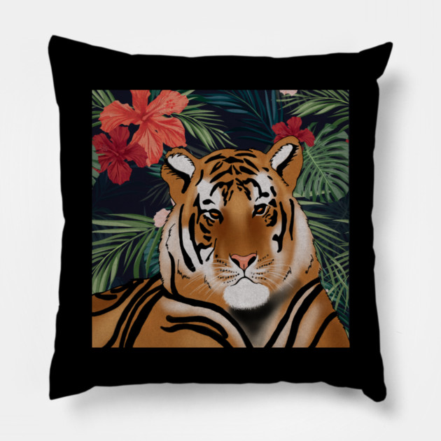 Tropcial Art with Beautiful Tiger Floral Pillow by logiamerch