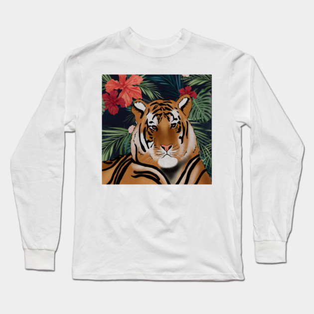 Tropcial Art with Beautiful Tiger Floral Long Sleeve T-Shirt by logiamerch