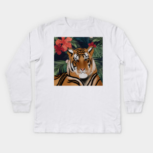 Tropcial Art with Beautiful Tiger Floral Kids Long Sleeve T-Shirt