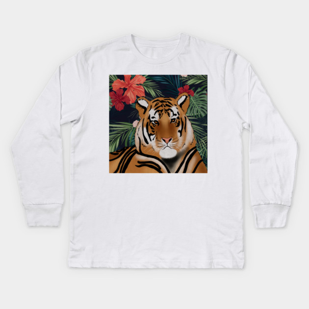Tropcial Art with Beautiful Tiger Floral Kids Long Sleeve T-Shirt by logiamerch