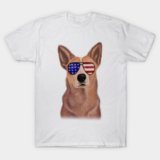 Funny Shepered Dog waring Shades USA Flag T-Shirt