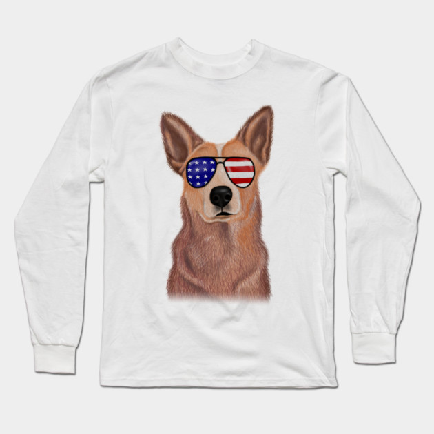 Funny Shepered Dog waring Shades USA Flag Long Sleeve T-Shirt by logiamerch