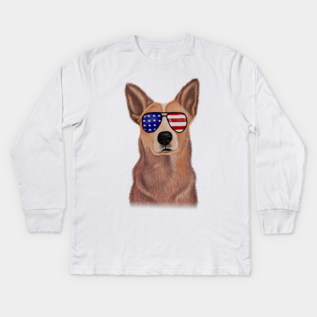 Funny Shepered Dog waring Shades USA Flag Kids Long Sleeve T-Shirt by logiamerch