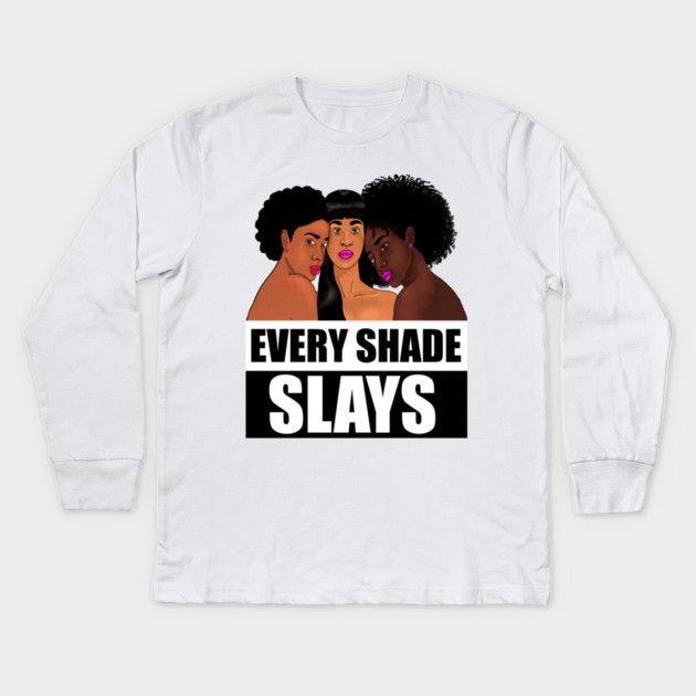 Every Shade Slays Melanin, Afro Black Pride Kids Long Sleeve T-Shirt by logiamerch