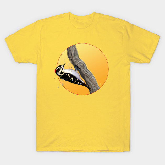 Downy Woodpecker Pecking Wood T-Shirt by John Himmelman