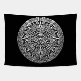 Aztec Sun Stone Calendar Greyscale Tapestry