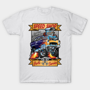 Speed Shop Hot Rod Muscle Car Parts and Service Vintage Cartoon Illustration T-Shirt