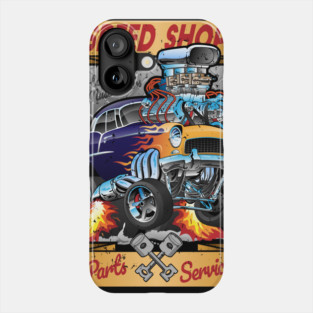 Speed Shop Hot Rod Muscle Car Parts and Service Vintage Cartoon Illustration Phone Case