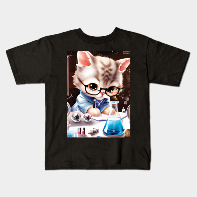 cute cat in a chemistry lab Kids T-Shirt by Prinyos