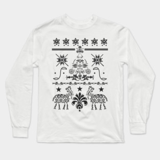 Vintage Pagan Christmas Retro Yule Goat Evergreen Tree Fair Isle Pattern Long Sleeve T-Shirt