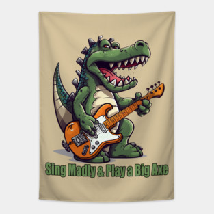 A T-Rex Dinosaur Singing Madly & Playing a Big Axe Tapestry