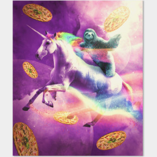 Space Sloth Riding On Flying Unicorn With Pizza Posters and Art